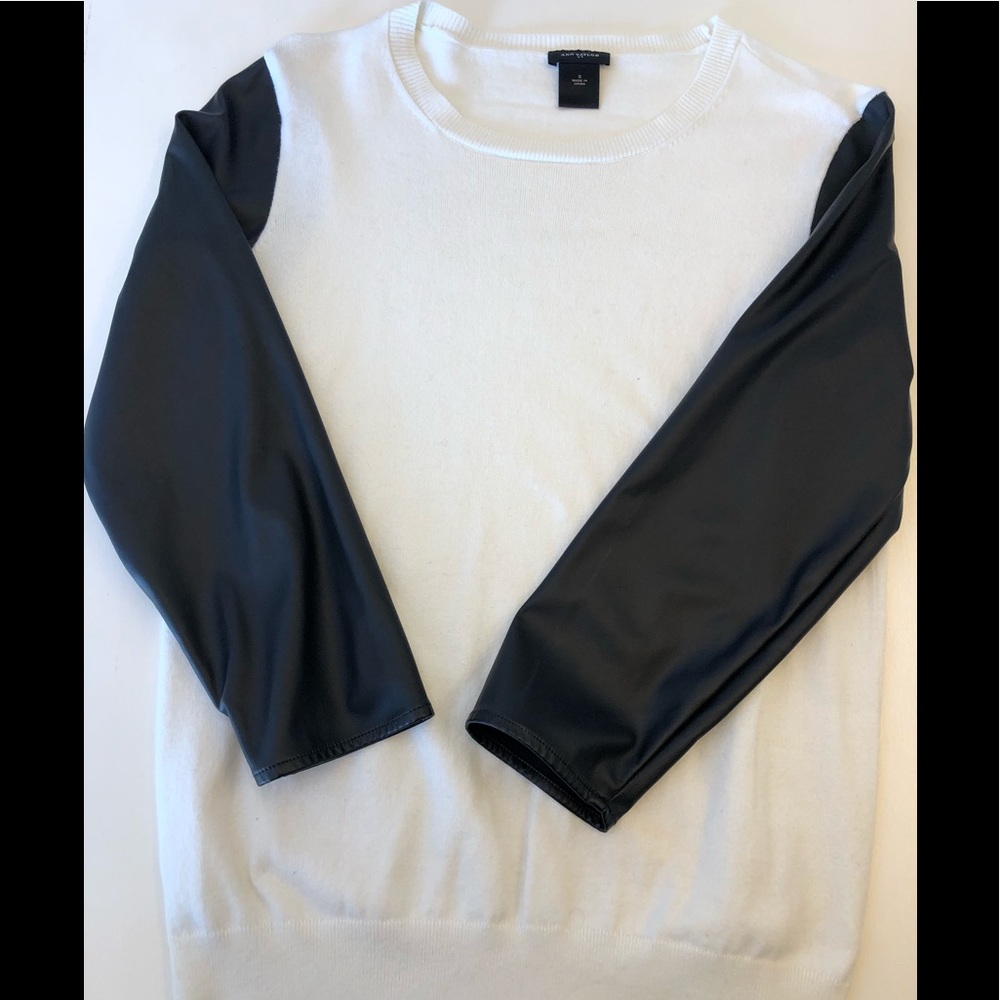 Ann Taylor white sweater w/ black pleather sleeve